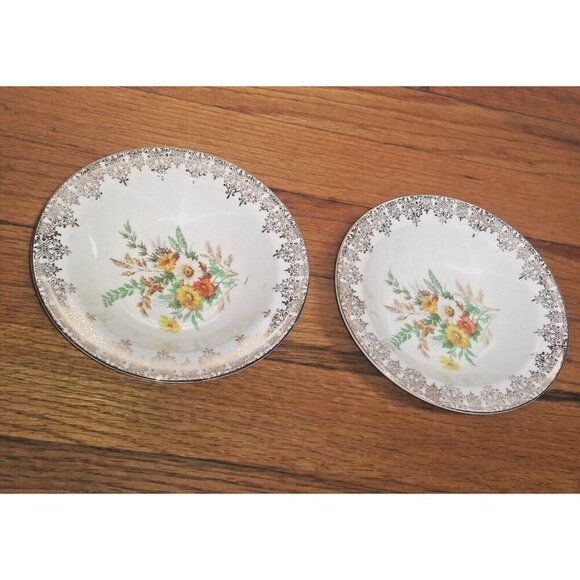 2 Vintage Edwin Knowles Floral Fruit Dessert Bowls beige orange Brown gold 1930s - Picture 5 of 7